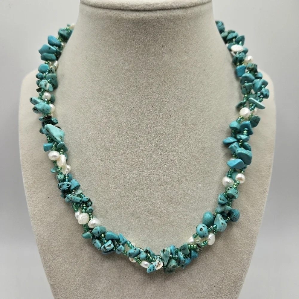 VINTAGE Turquoise and Pearl Braided Three Strand Necklace